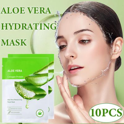 Aloe Vera Soothing Face Mask Hydrating,Moisturizing Long Lasting Facial Sheet Mask for All Skin Types,Soft Aloe Face Masks for Dry Skin,Pack of 10