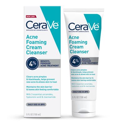 CeraVe Acne Foaming Cream Cleanser, 4% Benzoyl Peroxide Face Wash With Hyaluronic Acid, Niacinamide &amp; Ceramides, Gentle Daily Acne Treatment For Face