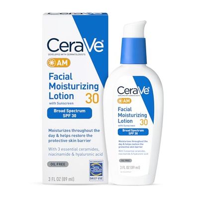 CeraVe AM Facial Moisturizing Lotion with SPF 30, Oil-Free Face Moisturizer with SPF, Formulated with Hyaluronic Acid, Niacinamide &amp; Ceramides, Non-Comedogenic, Broad Spectrum Sunscreen, 3 Ounce