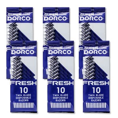 Dorco Fresh Twin Blade Disposable Razors (6 Pack) - Smooth &amp; Comfortable Shave for Men and Women | Non-Slip Handle, Pivoting Head, Lubricating Strip | Ideal for Sensitive Skin &amp; Travel