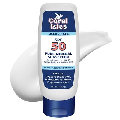 CORAL ISLES | Reef Safe Sunscreen | SPF 50 Mineral Sunscreen | Broad Spectrum UVA/UVB | Fragrance Free, Water &amp; Sweat Resistant | Zinc Oxide Sunscreen for Sensitive Skin | 6 FL Oz Bottle