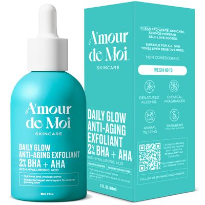 Amour de Moi 2% BHA AHA Liquid Salicylic Acid Exfoliant - Gentle Peel, Pore Minimizer, Face Exfoliator for blackheads, wrinkles with Hyaluronic acid - Fragrance-Free Hydrating for All Skin Types, 2oz