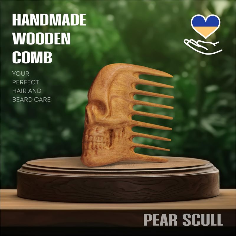 Handmade Wooden Beard Comb for Men Eco-Friendly Natural Wood Anti-Static Beard Grooming Tool Perfect for Styling Detangling &amp; Shaping Gentle on Beard &amp; Skin Sustainable Gift Idea (Pear Skull)
