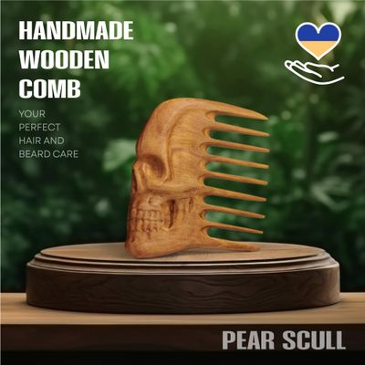Handmade Wooden Beard Comb for Men Eco-Friendly Natural Wood Anti-Static Beard Grooming Tool Perfect for Styling Detangling & Shaping Gentle on Beard & Skin Sustainable Gift Idea (Pear Skull)