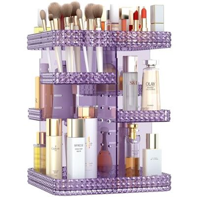 BOCONY Rotating Makeup Organizer, Large Capacity Cosmetic Display Case, Acrylic Skincare Organizer with Makeup Brush, Makeup Storage Organizer for Dresser Countertop and Bathroom Vanity - Purple