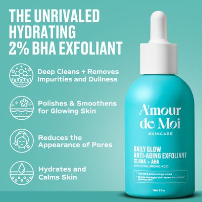 Amour de Moi 2% BHA AHA Liquid Salicylic Acid Exfoliant - Gentle Peel, Pore Minimizer, Face Exfoliator for blackheads, wrinkles with Hyaluronic acid - Fragrance-Free Hydrating for All Skin Types, 2oz