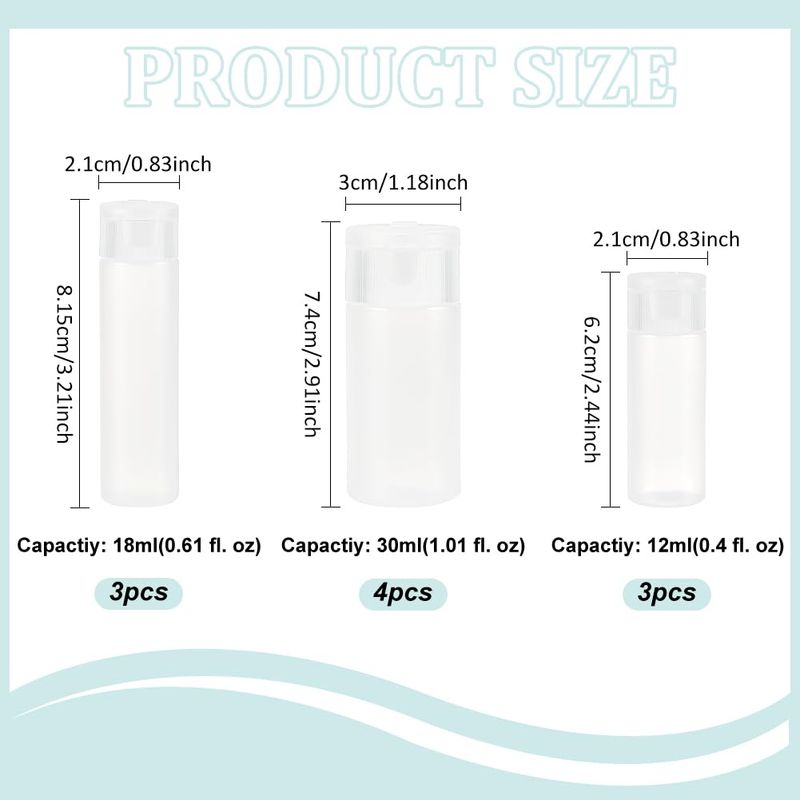 BENECREAT 10Pcs 12ml/18ml/30ml Travel Bottles Plastic Toiletry Bottles Flip Cap Squeeze Sample Bottle Containers for Makeup Lotion Emulsion Foundation Shampoo Packing