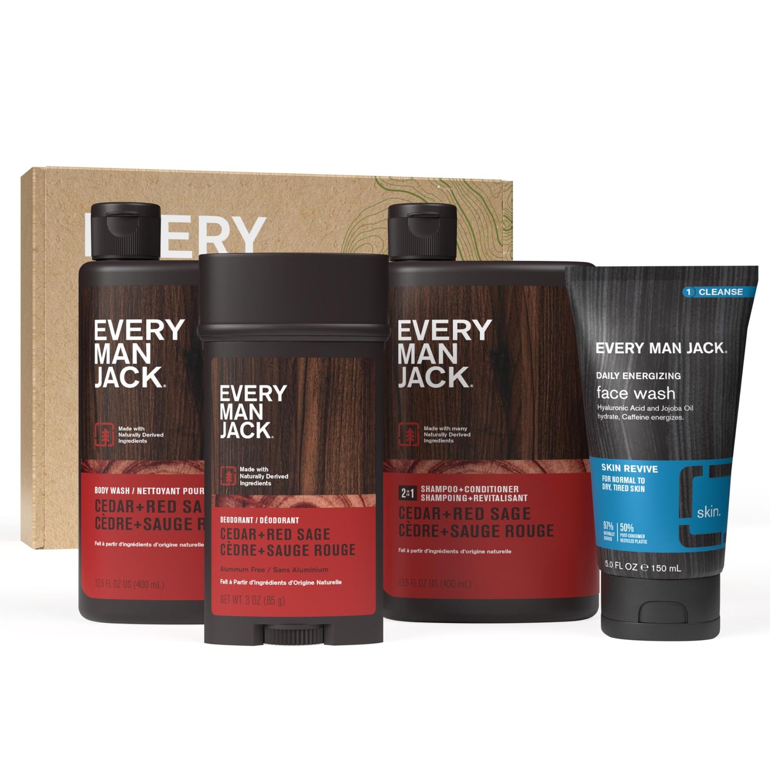 Every Man Jack Mens Cedar + Red Sage Bath and Body Gift Set - Clean Ingredients &amp; Cedar, Sage, and Spice Ccent - Round Out His Routine with Mens Body Wash, 2-in-1 Shampoo, Deodorant &amp; Face Wash