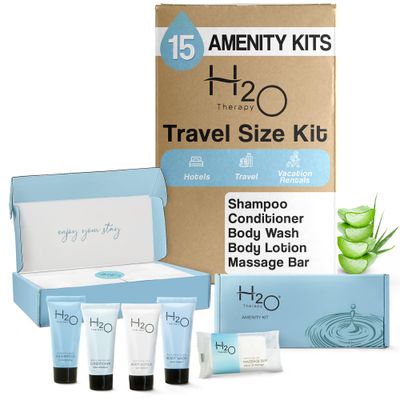 H2O Therapy Amenity Kit | Boxed Hotel Toiletries | Bulk Set .85 oz Travel Size Shampoo, Conditioner, Lotion, Body Wash &amp; Body Bar Soap for Guest Hospitality AirBnB/Vacation Rentals | 15 sets per case