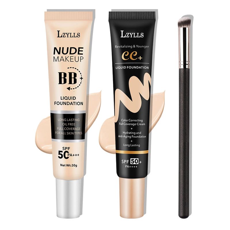 2 Pack Full Coverage Liquid Foundation,Moisturizing BB Cream Foundation Makeup Set with Foundation Brush,Oil Control Long Lasting Waterproof Concealer CC Cream Foundation for WomenNatural