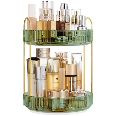 Hebaogugu 360 Rotating Makeup Organizer for Vanity, 2 Tier Lazy Susan Bathroom Organizer Countertop, Perfume Organizers, Large Capacity Skincare Organizer and Storage (Clear,Green)