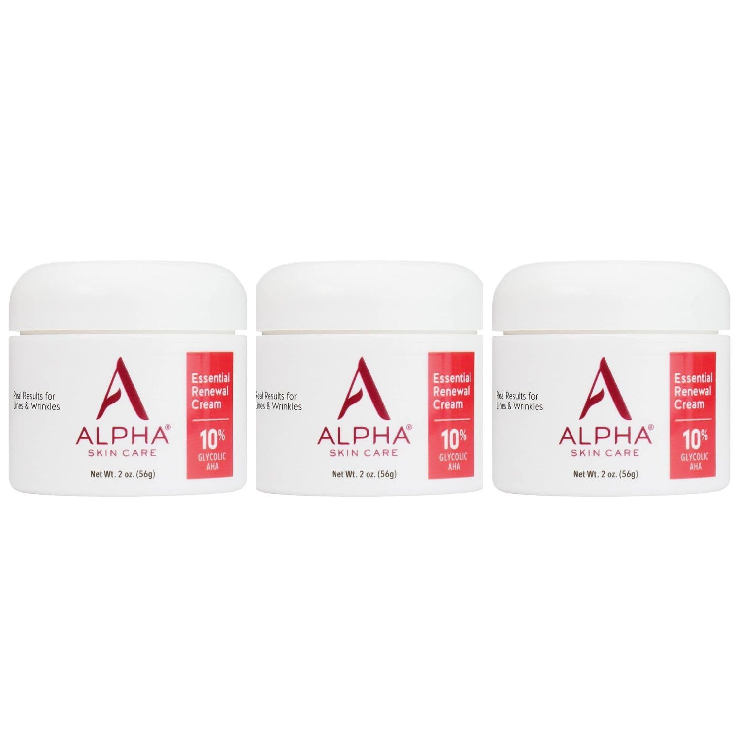 Alpha Skin Care Essential Renewal Cream | Anti-Aging Formula | 10% Glycolic Hydroxy Acid (AHA) | 2 Oz, Red, White (3 Pack)