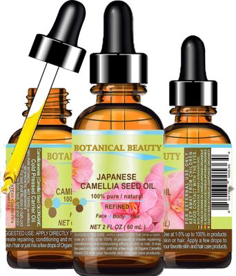Botanical Beauty Japanese CAMELLIA Seed Oil. 100% Pure Natural Undiluted Refined Cold Pressed Carrier Oil to revitalize and rejuvenate the hair, skin and nails. 2 Fl. oz 60 ml