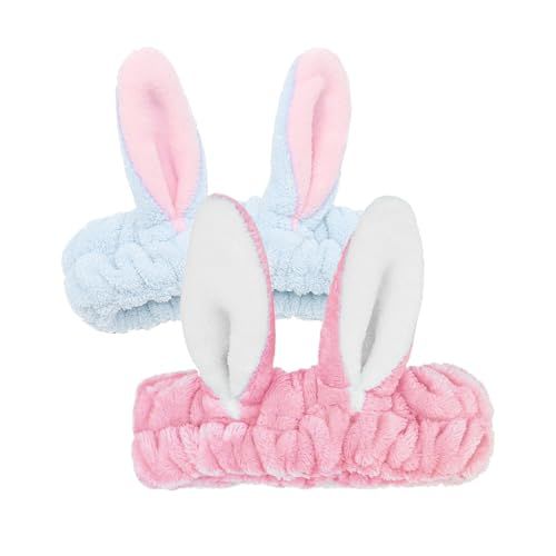 Bunny Ears Wash Headband - 2Pcs Fluffy Spa Headband Skin Care Headband Rabbit Ear Makeup Washing Face Shower Bath Bands Hair Accessories Easter Cosplay Costume, Teen Girl Gifts Trendy Stuff Pink Blue