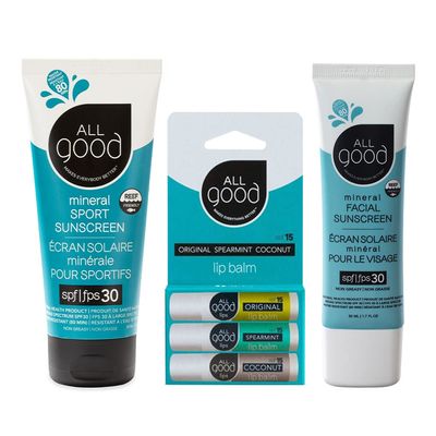 All Good SPF 15 Lip Balm, Mineral &amp; Facial Sunscreen Bundle - Broad Spectrum SPF 30+, Water Resistant - Includes (1) SPF 30 Sport Sunscreen, (1) Lip Balm SPF 15 3-Pack and (1) Facial Sunscreen