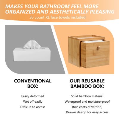 Disposable Face Towel with Bamboo Drawer Storage Box - Face Towelettes Disposable XL, Facial Towels Disposable, Makeup Organizer for Clean Face Towels, Makeup Remover Dry Wipes Washcloths 50 Ct