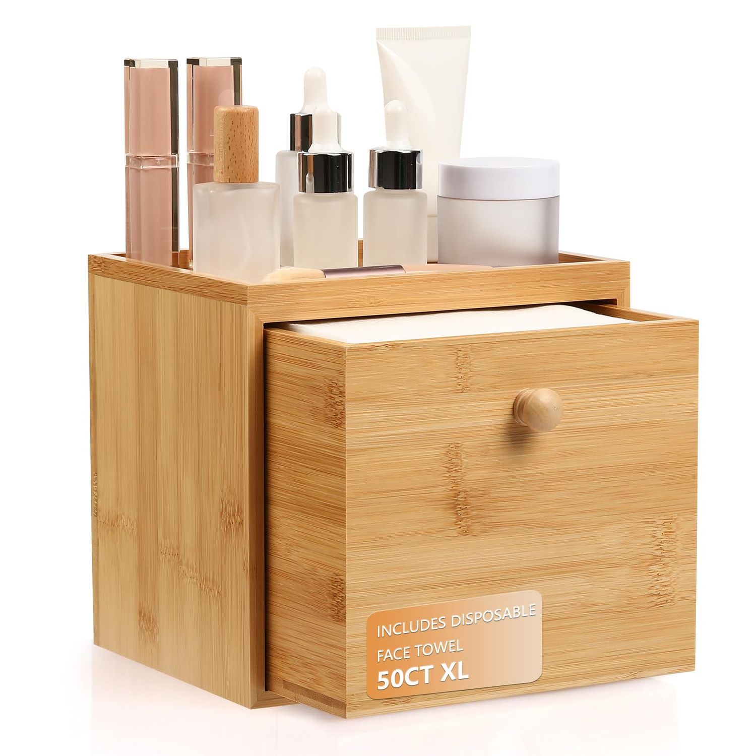 Disposable Face Towel with Bamboo Drawer Storage Box - Face Towelettes Disposable XL, Facial Towels Disposable, Makeup Organizer for Clean Face Towels, Makeup Remover Dry Wipes Washcloths 50 Ct