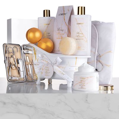 Christmas Gifts for Mom, Gift Basket, Spa Gifts For Women, 31Pc Self Care Kit, Stress Relief Gift, Birthday, Thank You, Honey Almond Bath and Body Gift - Toiletry Bag, Nail Kit, Bath Bombs &amp; More