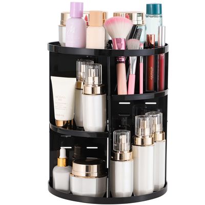 Cq acrylic 360 Degree Rotating Makeup Organizer Countertop For Vanit,Adjustable Make up Holder Height,Black Plastic Spinning Skincare Organizer for Skin Care Beauty Product Bathroom Organizer,Set of 1