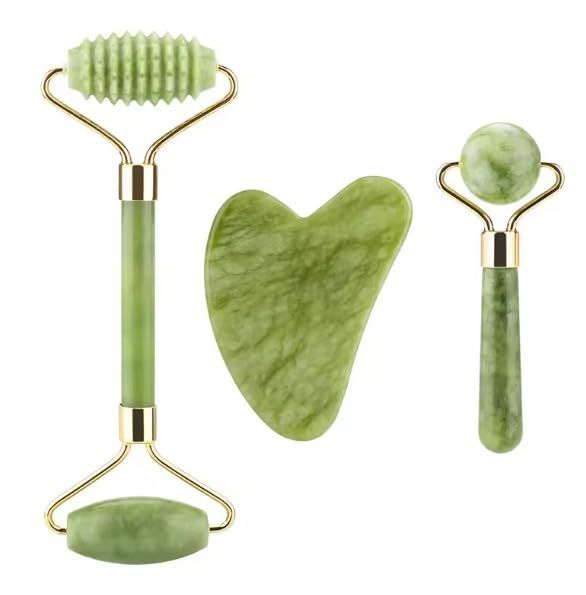 Generic Three-Piece Facial Skincare Products - Unique Double-Sided &amp; Textured Jade Roller, Precision Globular Roller, &amp; Gua Sha Scraper - Reduce Puffiness - Face Roller and Gua Sha Set, Green