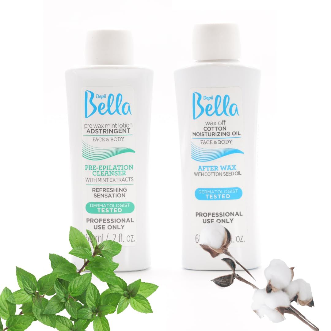 Depil Bella Waxing Bundle: Pre-Wax Astringent Lotion with Mint &amp; Post-Wax Oil with Cotton Seed, 60 ml Each