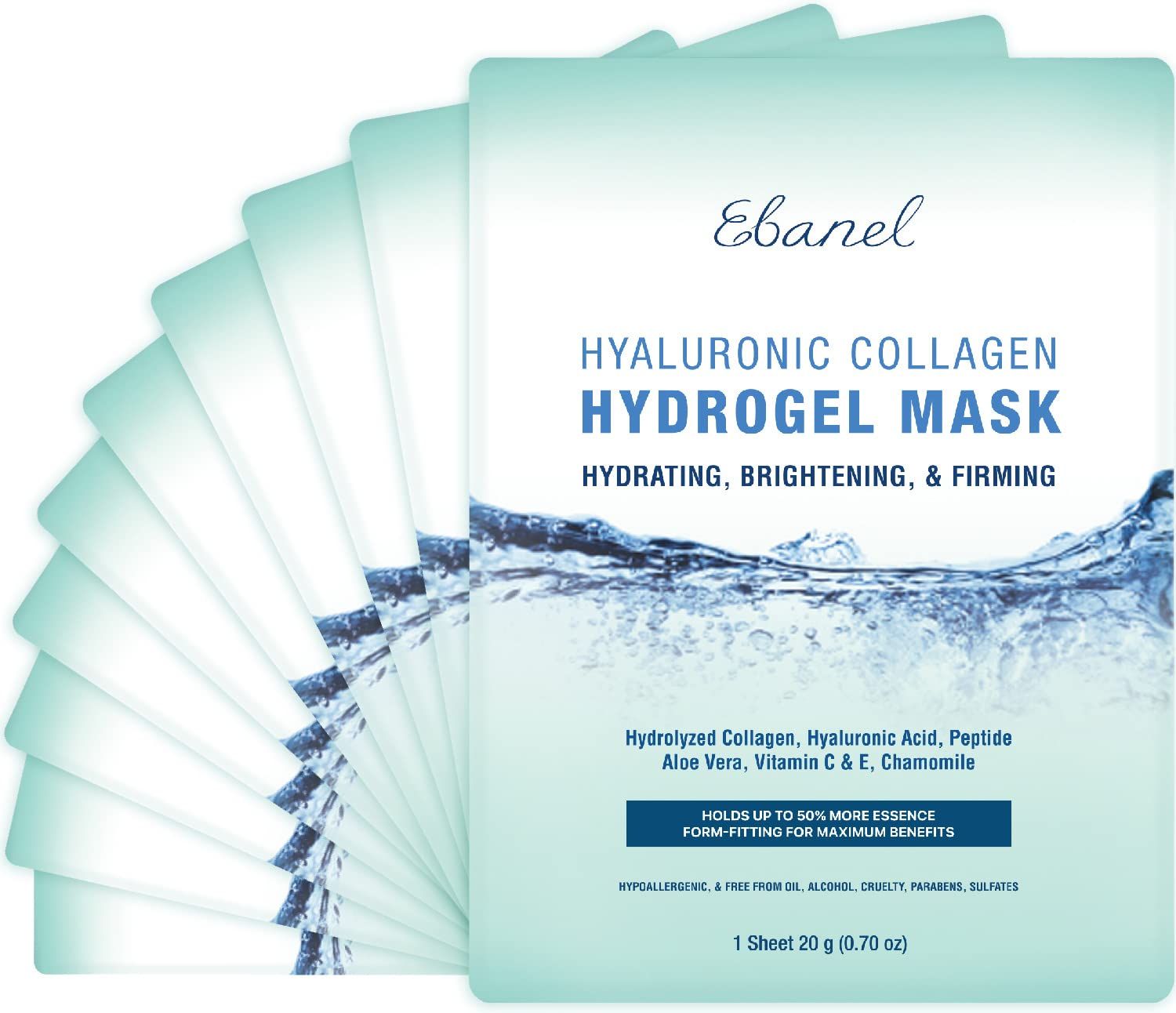 Ebanel 10-Pack Hydrogel Collagen Face Mask, Instant Brightening Hydrating Facial Masks Sheet Mask for Firming, Lifting Anti Aging Anti Wrinkle with Hyaluronic Acid, Peptide, Aloe Vera, Vitamin C &amp; E