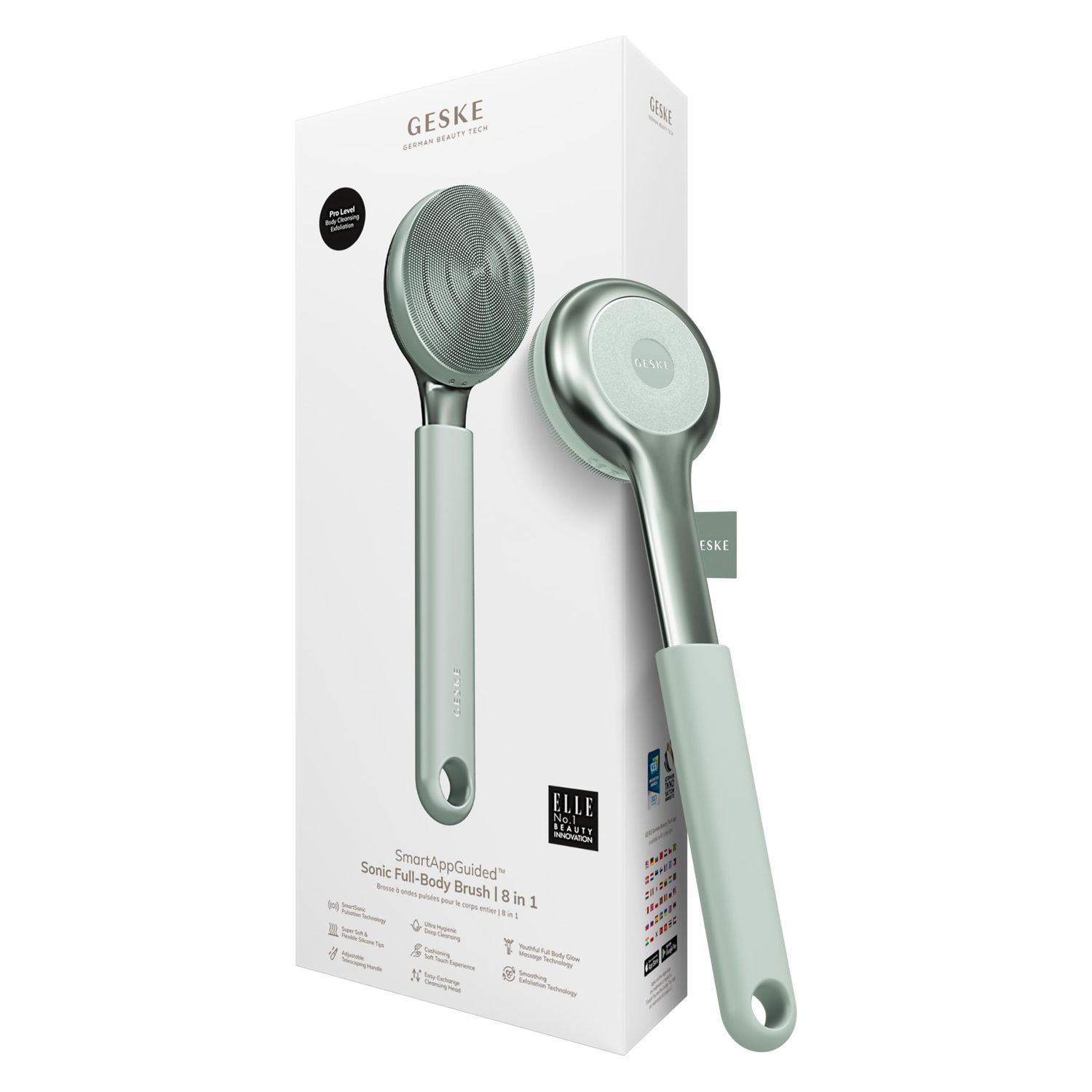 GESKE Sonic Full-Body Brush &amp; Intensive Exfoliator | 8 in 1 | Electric Body Cleansing Brush | With SmartSonic Pulsations | Deep Cleansing, Exfoliation, Massage | Extendable Handle | Rough Skin Remover