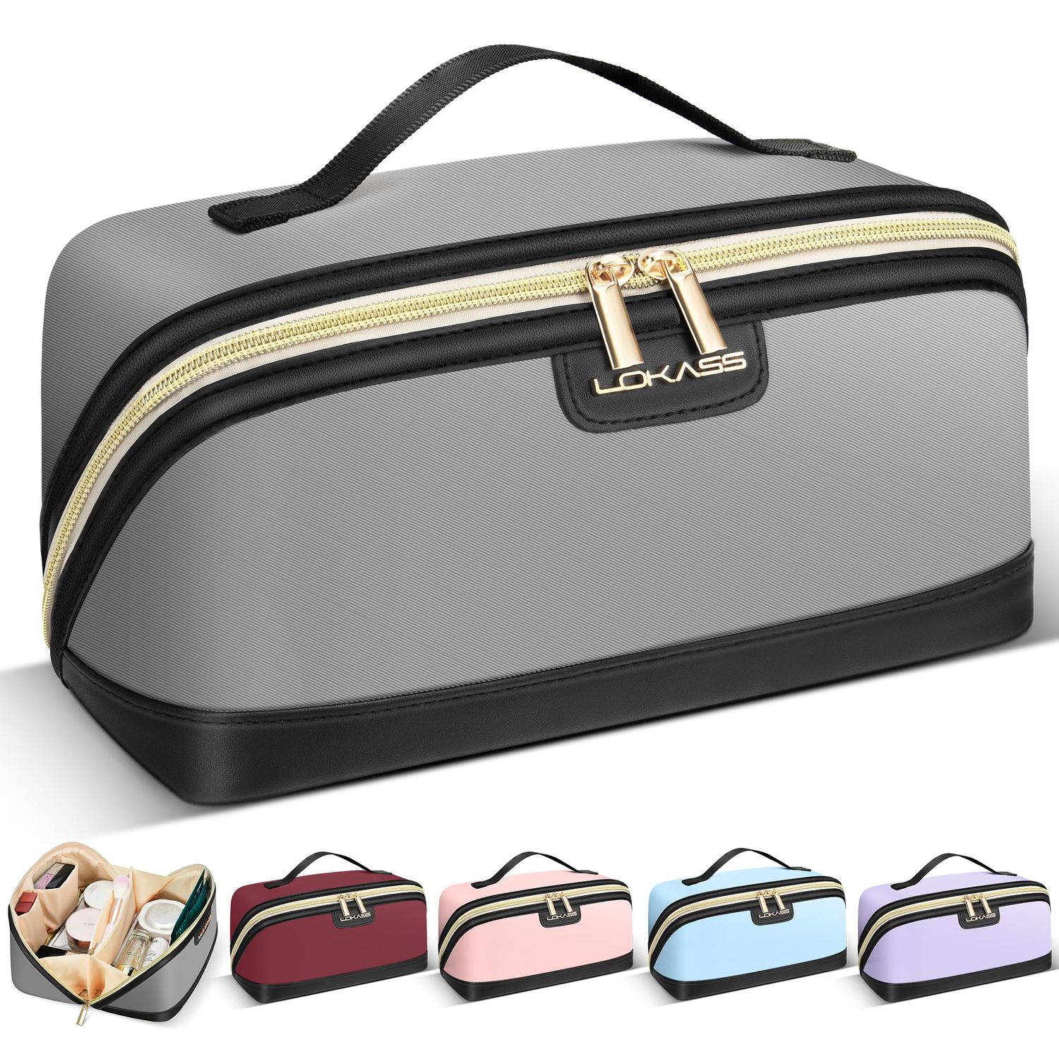 DOSUKE Makeup Bag Large Capacity Travel Make Up Bag, Makeup Organizer Cosmetic Bags for Women Travel Toiletry Bag for Women Skincare Bag with Handle and Divider - Grey