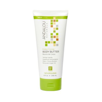 Andalou Naturals Body Butter, Kukui Cocoa Nourishing Body Cream, 8 Oz, Shea Butter, Cocoa Butter &amp; Argan Oil for Dry Skin, Vegan