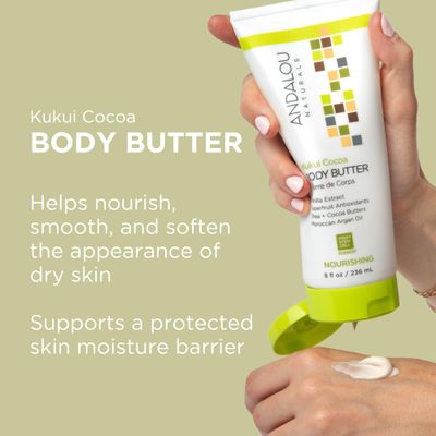 Andalou Naturals Body Butter, Kukui Cocoa Nourishing Body Cream, 8 Oz, Shea Butter, Cocoa Butter &amp; Argan Oil for Dry Skin, Vegan