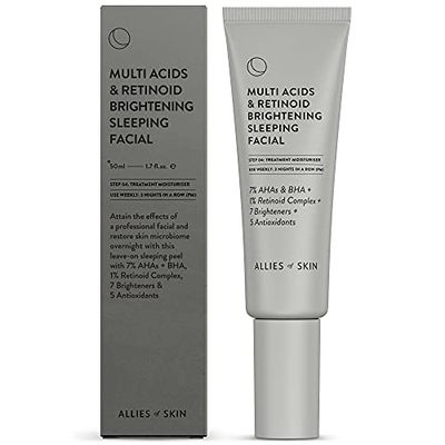 Allies of Skin Multi Acids &amp; Retinoid Brightening Sleeping Facial: Glycolic + Lactic + Salicylic Acid, Hyaluronic Acid, Niacinamide, 1% Retinoid Complex. Overnight Sleeping Peel. 1.7 oz / 50 ml