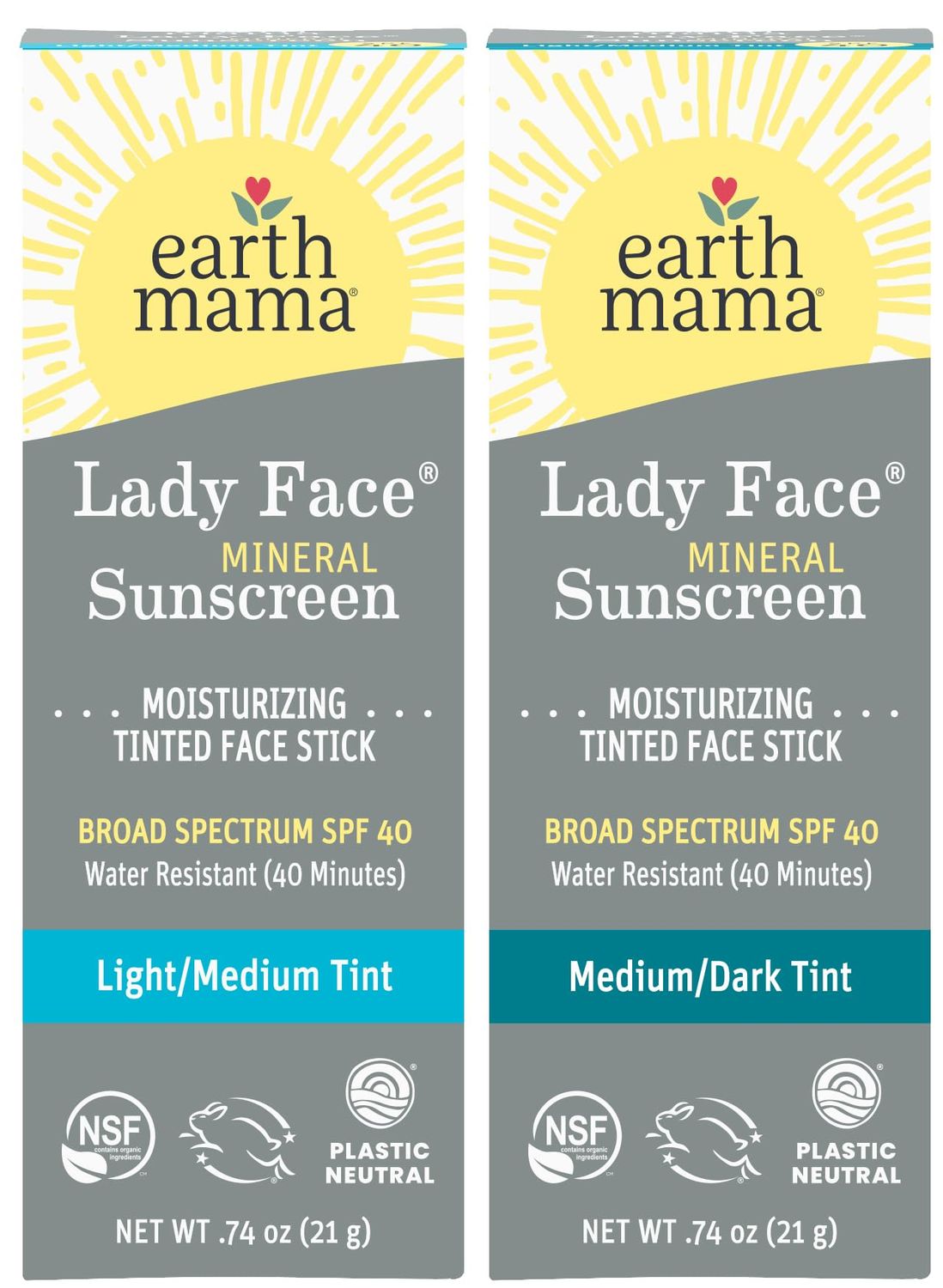 Earth Mama Lady Face Tinted Mineral Sunscreen Stick SPF 40 Set |Contains Certified Organic Shea and Coca Butter | Foundation + Concealer + Contour, Blends with Most Skin Tones, 2-Pack