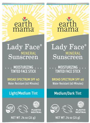 Earth Mama Lady Face Tinted Mineral Sunscreen Stick SPF 40 Set |Contains Certified Organic Shea and Coca Butter | Foundation + Concealer + Contour, Blends with Most Skin Tones, 2-Pack