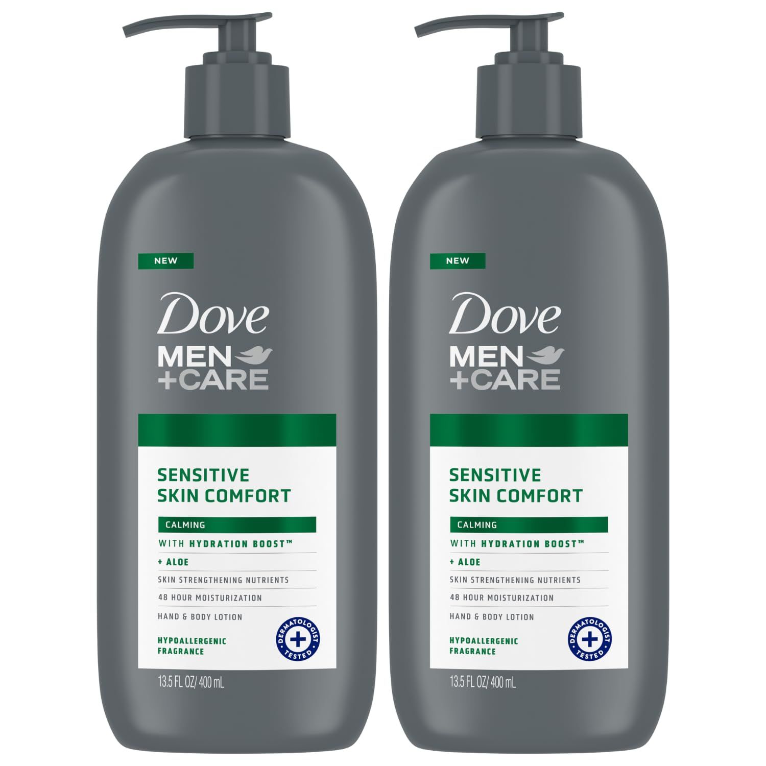 Dove Hand &amp; Body Lotion, Men+Care Value Pack - Sensitive Skin Comfort Formula with Shea Butter &amp; Aloe Vera, Calming Lotion for Dry Skin, 13.5 Fl Oz (Pack of 2)