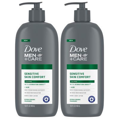 Dove Hand &amp; Body Lotion, Men+Care Value Pack - Sensitive Skin Comfort Formula with Shea Butter &amp; Aloe Vera, Calming Lotion for Dry Skin, 13.5 Fl Oz (Pack of 2)