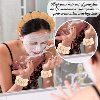 AHONEY 2 Set Spa Headbands for Washing Face Wristband, Sponge Facial Skincare Headbands Terry Cloth Puffy Makeup Headbands for Women Girls (Khaki&amp;White)