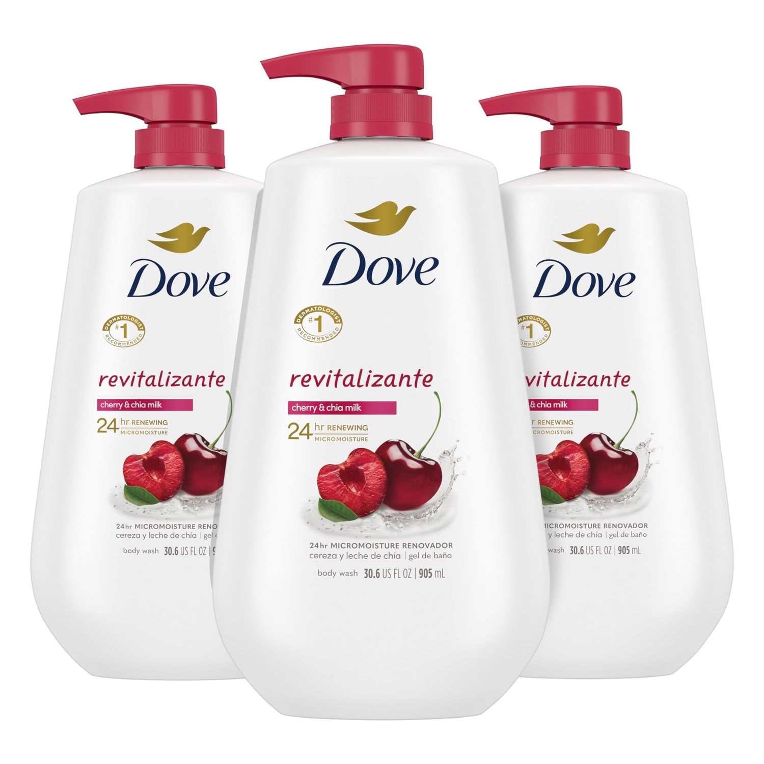 Dove Body Wash with Pump,Revitalizante Cherry &amp; Chia Milk, 3 Count, for Renewed Healthy Looking Skin, Moisturizing Gentle Skin Cleanser with 24hr Renewing MicroMoisture, 30.6 oz