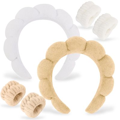 AHONEY 2 Set Spa Headbands for Washing Face Wristband, Sponge Facial Skincare Headbands Terry Cloth Puffy Makeup Headbands for Women Girls (Khaki&amp;White)