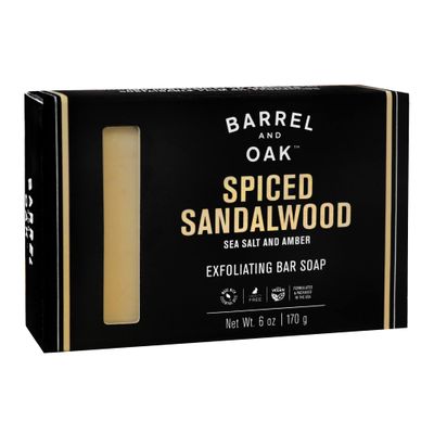 Barrel and Oak - Exfoliating Bar Soap, Men&#39;s Skincare Bar, Natural Exfoliator &amp; Moisturizer, Certified Organic, Made with Sustainable Palm Oil, Kaolin Clay, &amp; Olive Stone (Spiced Sandalwood, 6oz)