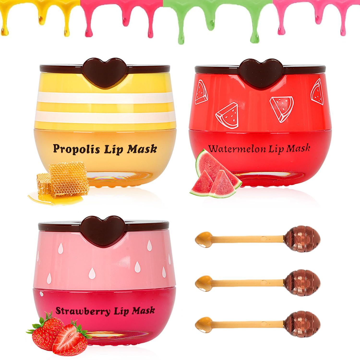 3 PCS Bee Lip Mask Honey Pot Lip Balm,Strawberry Watermelon Lip Mask Overnight Hydrating Dry and Crack Lip Scrubs Exfoliator Propolis Lip Sleeping Mask (Strawberry &amp; Watermelon &amp; Honey)