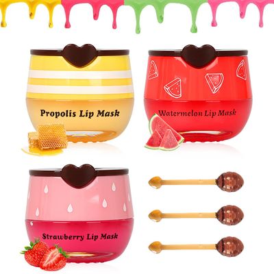 3 PCS Bee Lip Mask Honey Pot Lip Balm,Strawberry Watermelon Lip Mask Overnight Hydrating Dry and Crack Lip Scrubs Exfoliator Propolis Lip Sleeping Mask (Strawberry &amp; Watermelon &amp; Honey)