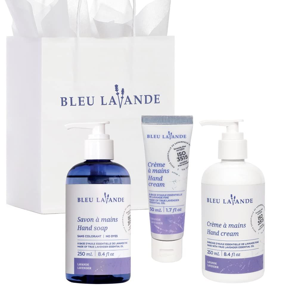 Bleu Lavande - Soothing Hand Care Aromatherapy Set - Lavender Hand Soap &amp; Lavender Hand Creams - Infused with Premium and 100% Pure Lavender Essential Oil - Natural &amp; Vegan Lavender Products