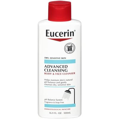 Eucerin Advanced Cleansing Body and Face Cleanser, PH-Balanced, Gentle Face and Body Wash for Normal to Dry, Sensitive Skin, Free of Soap, Fragrances, Dyes and Parabens, 16.9 Fl Oz Bottle