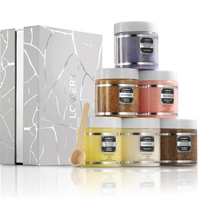 Body Scrub, Christmas Gifts for Women &amp; Men, 6pc Exfoliating Body, Face, Hand Foot Scrub, Himalayan Salt, Brown Sugar, Coconut, Arabica Coffee, Acne Stretch Marks &amp; Cellulite Remover, Essential Oils