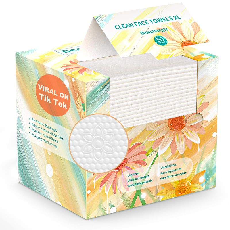 Beauntangly Disposable Face Towel, XL Unscented Facial Towelettes Soft Thick Absorbent, Lint-Free Biodegradable Makeup Remover Dry Wipes Clean Skin Care Washing Drying Camping Travel Essentials, 50 Ct