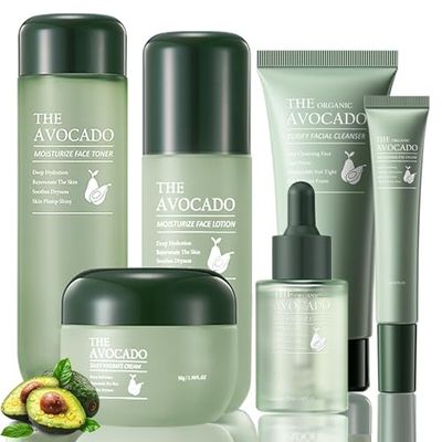 Avocado Skin Care Set for Women,6PCS Skincare Kits with Facial Cleanser, Toner, Serum, Lotion,Cream, Eye Cream, Moisturizing Korean Skin Care Set,Anti-Aging Skin Care Set,Face Care Gift Set for Women