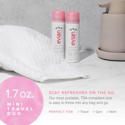 Evian Facial Spray, 1.7 oz. Travel Duo - Instantly Hydrate - Refresh Skin - Revive Makeup - TSA Compliant - All Skin Types - French Alps Skincare
