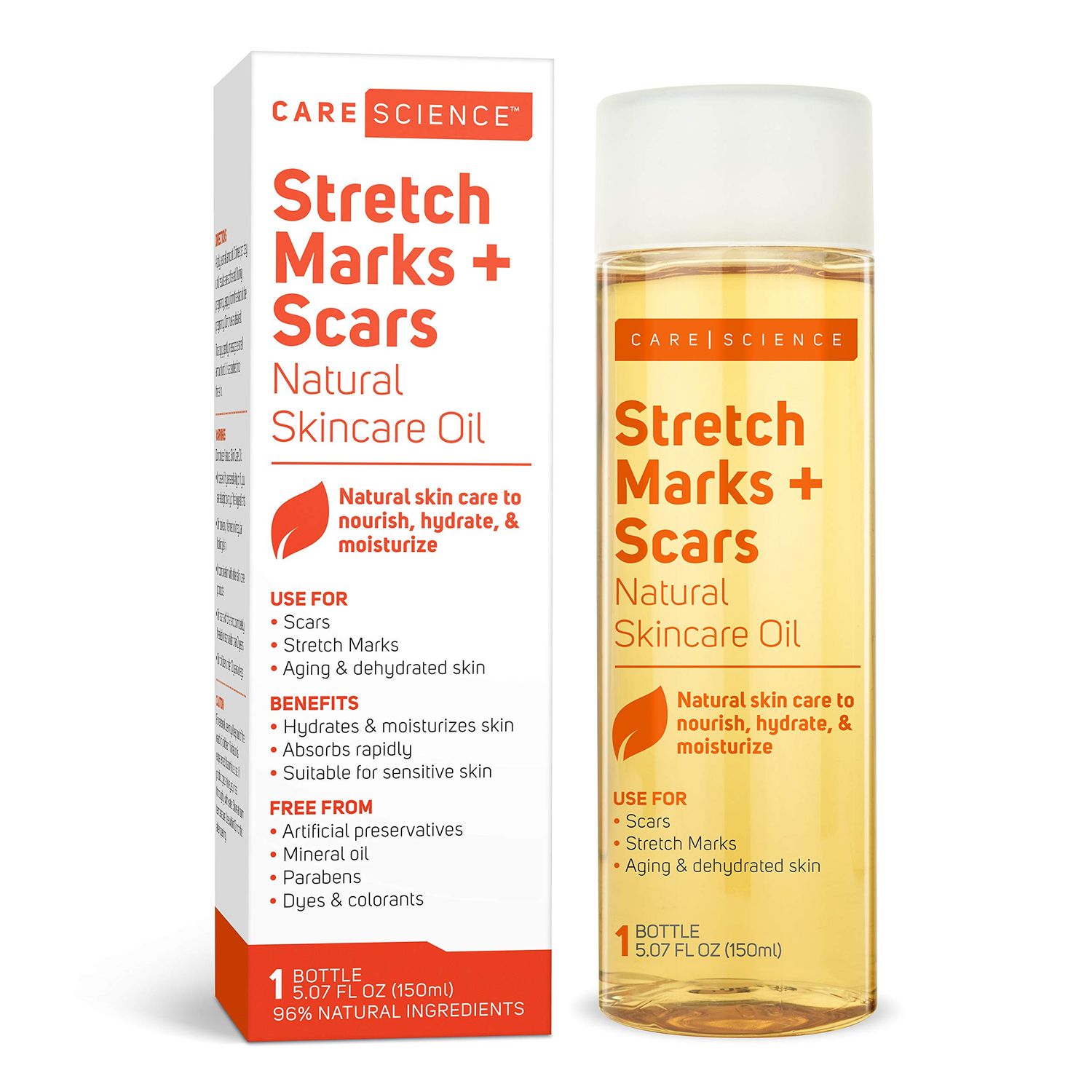 Care Science Stretch Marks + Scars Skin Care Body Oil, 5.07 Ounce | For Scars, Stretch Marks, Hair, Aging, &amp; Dehydrated Skin | Natural Ingredients, Vitamin E Oil, Olive Oil, Coconut Oil, &amp; More