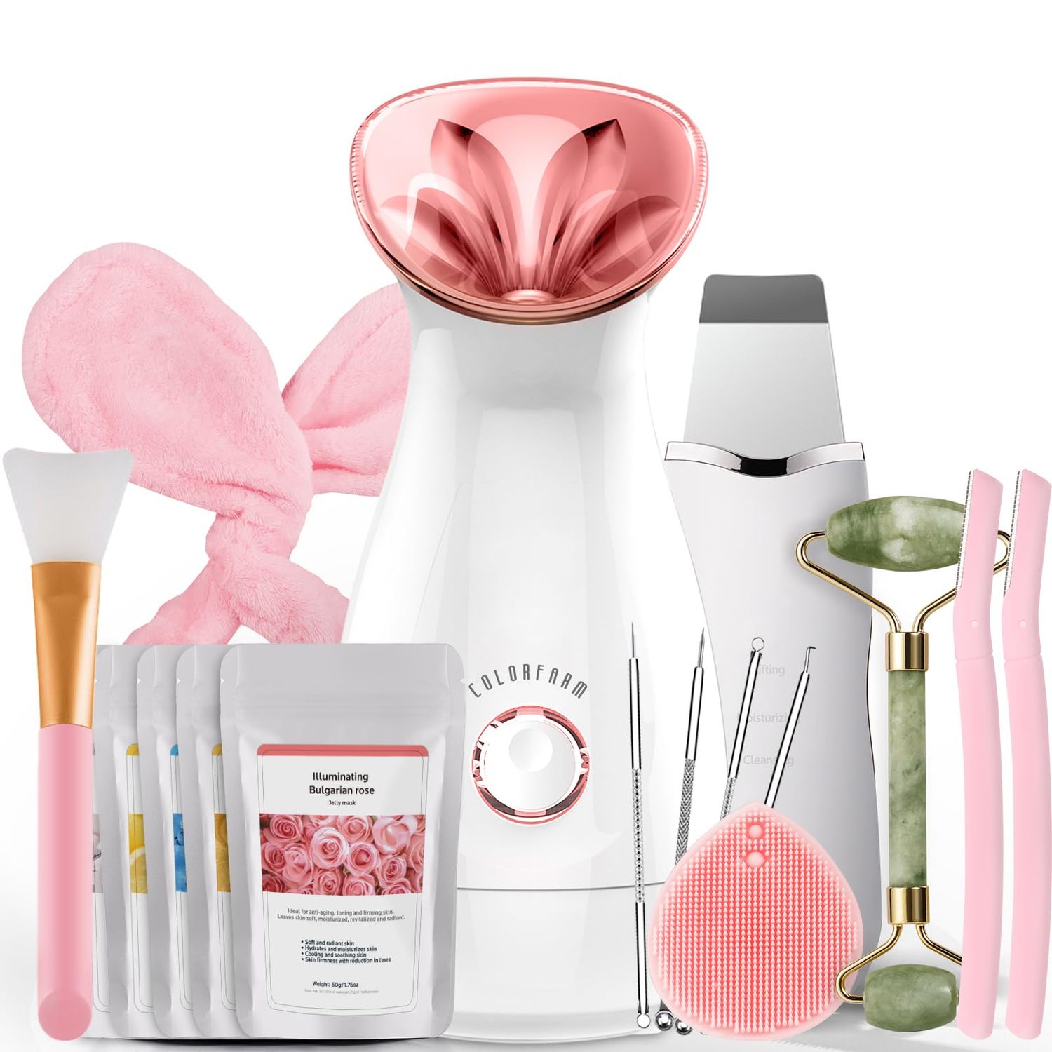 Colorfarm Facial Steamer Nano Ionic: Face Steamer Home Spa Kit Deep Cleaning Unclogs Pores Sinuses Inhaler with 8 Skin Care Tools - Humidifier Hot Mist Self Care Gifts for Women