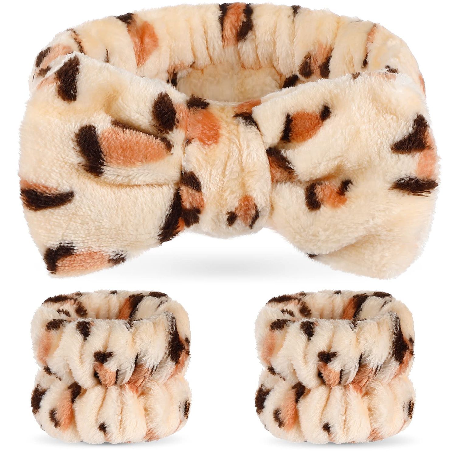 Hanaive Headbands for Women for Washing Face Spa Headband and Wristbands, Makeup Headband for Washing Face, Soft Facial Makeup Head Band, Shower Skin Care Hair Supplies(Leopard)